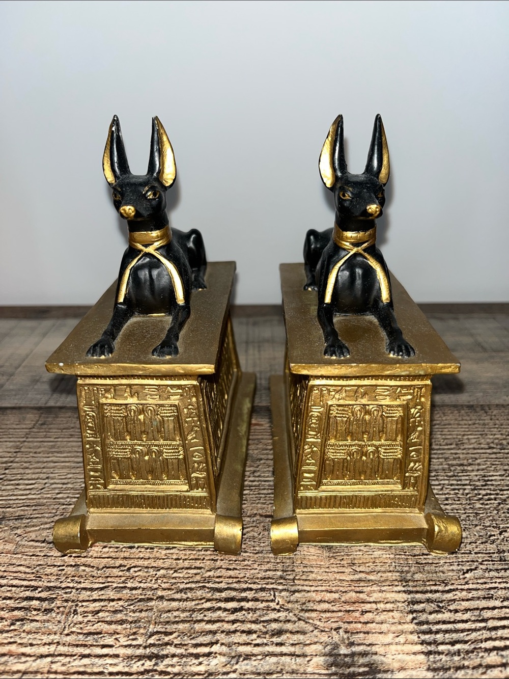 2x Egyptian God Ebros Anubis Jackal Pedestal Statue